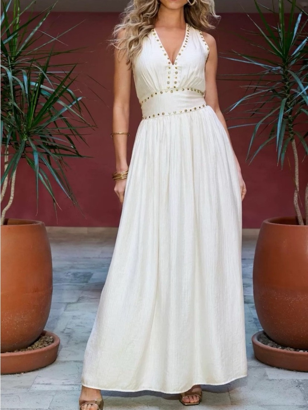 Crystal Grommet Trim Sheen Gauze Maxi Dress size Small - Picture 10 of 11